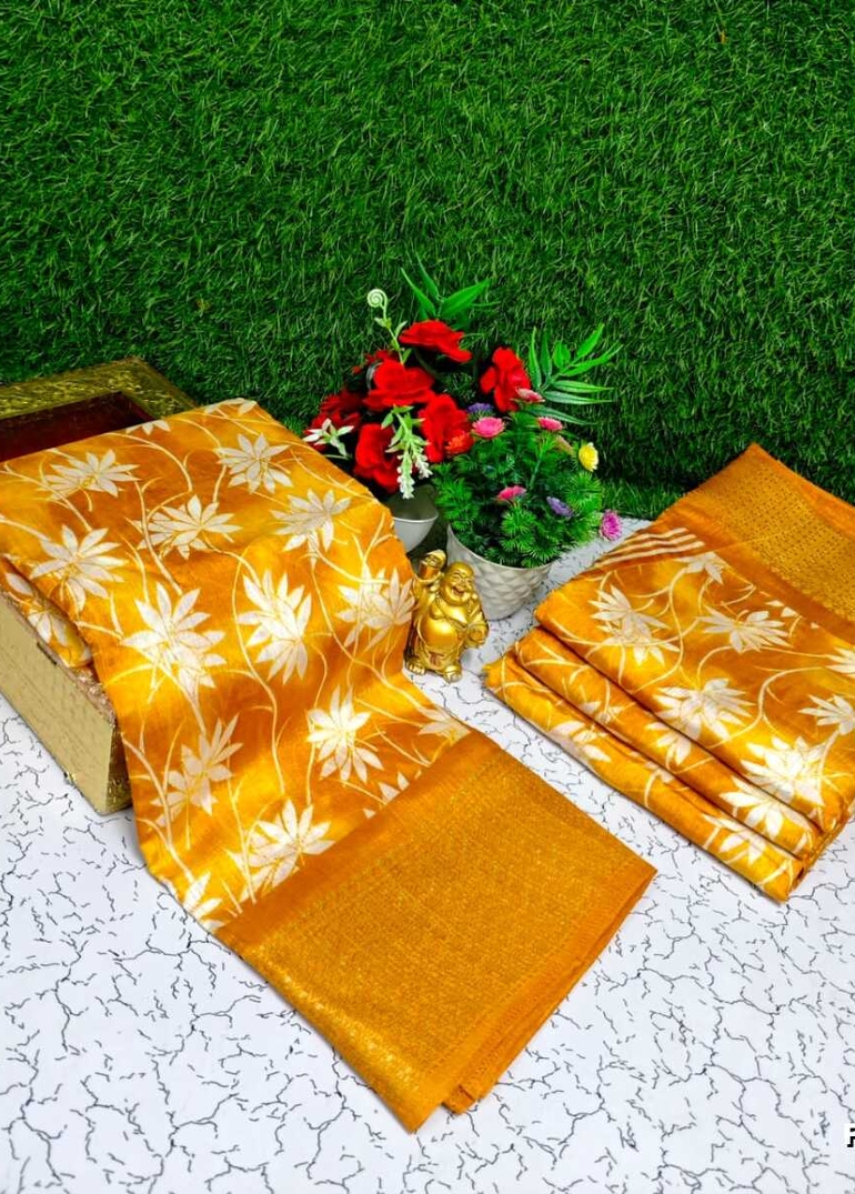 Fancy print office wear cotton sarees all over body Leaf Kodi Pattern design premium look lightweight comfortable wear - YELLOW COLOR