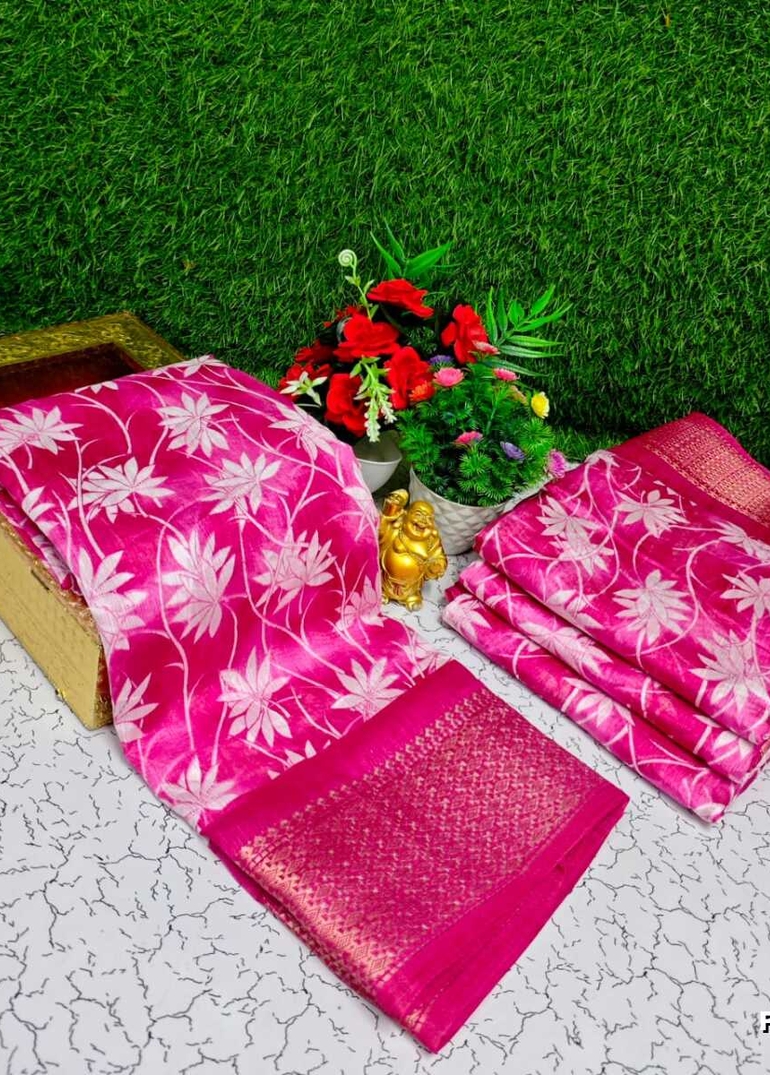 Fancy print office wear cotton sarees all over body Leaf Kodi Pattern design premium look lightweight comfortable wear - DARK PINK