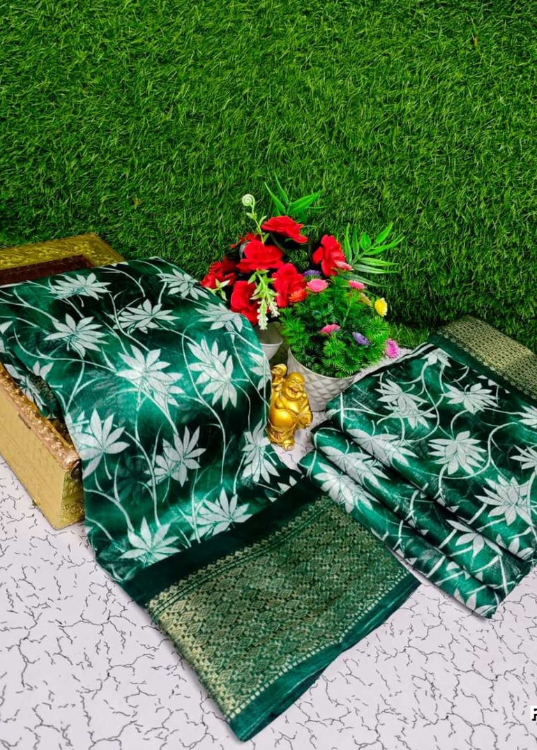 Fancy print office wear cotton sarees all over body Leaf Kodi Pattern design premium look lightweight comfortable wear - GREEN
