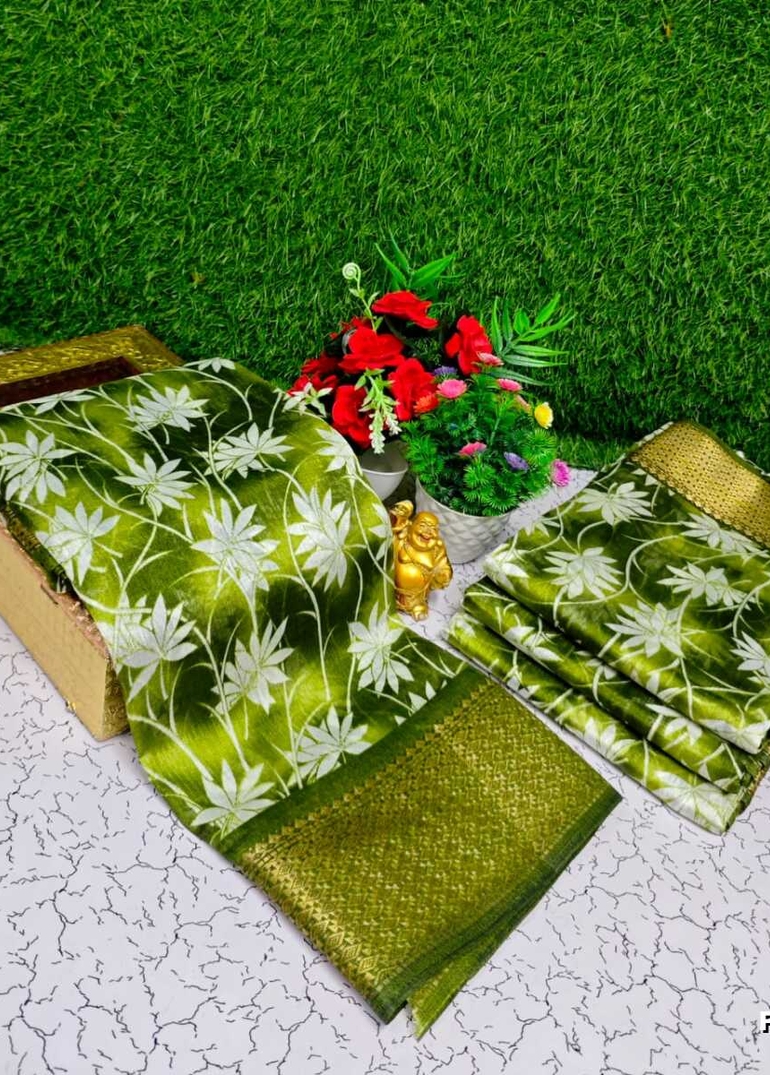 Fancy print office wear cotton sarees all over body Leaf Kodi Pattern design premium look lightweight comfortable wear - OLIVE GREEN