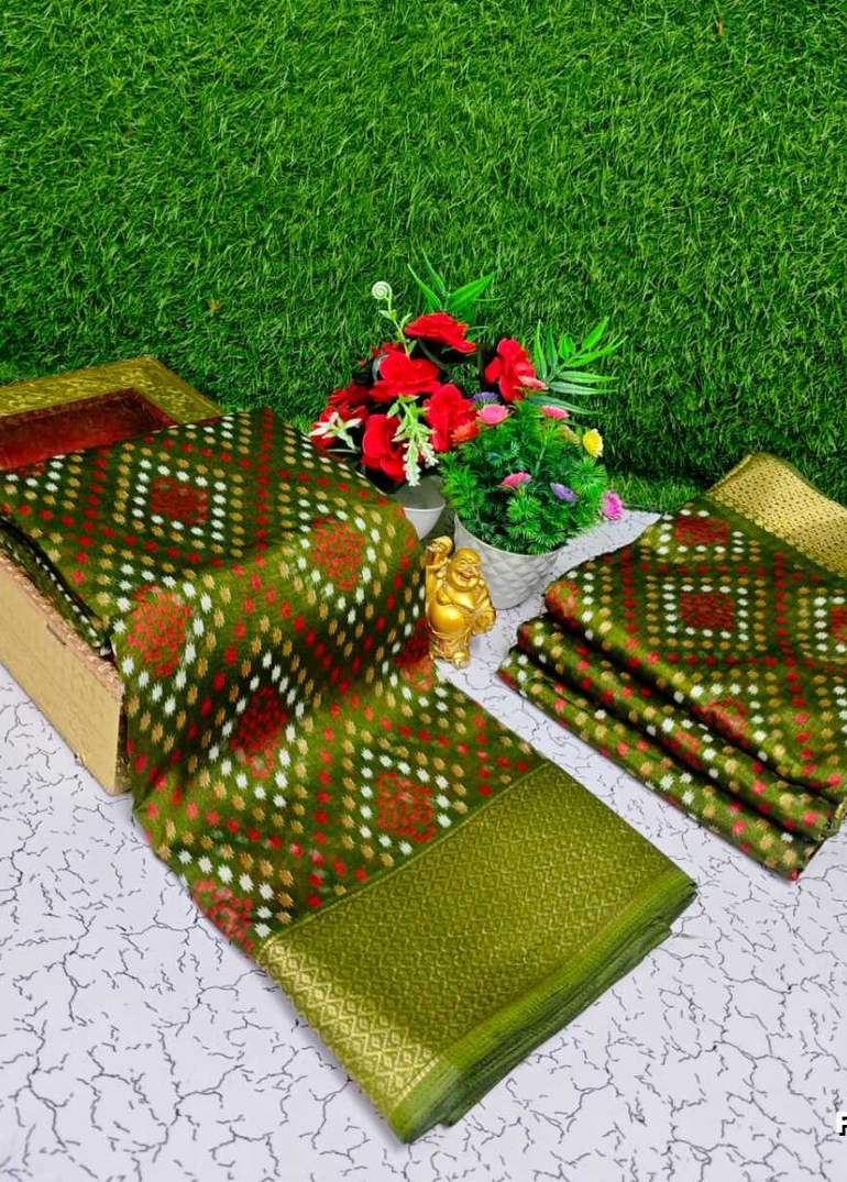 Fancy print office wear cotton sarees all over body Diamond Pattern Dots design premium look lightweight comfortable wear - OLIVE GREEN