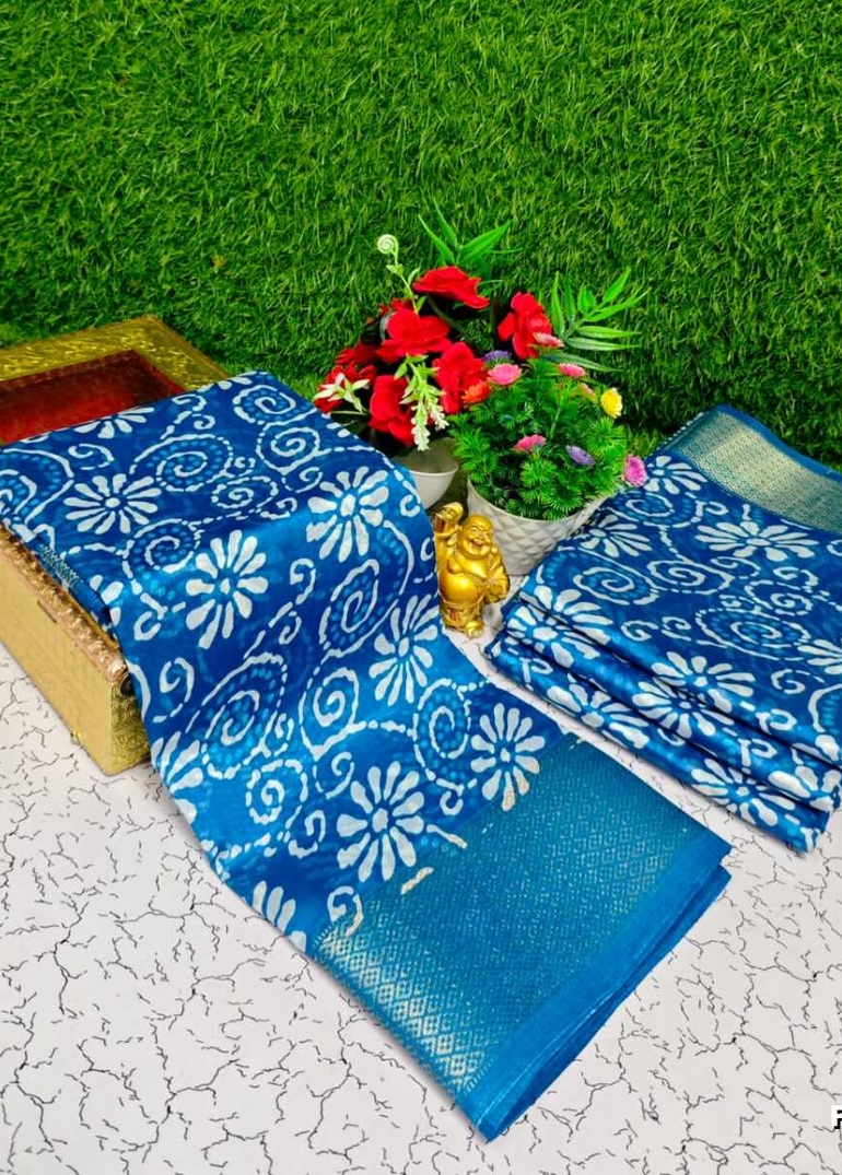 Fancy print office wear cotton sarees all over body kodi poo pattern design premium look lightweight comfortable wear - BLUE COLOUR
