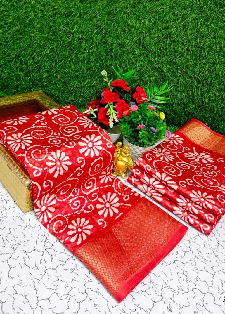 Fancy print office wear cotton sarees all over body kodi poo pattern design premium look lightweight comfortable wear - TOMATO COLOUR