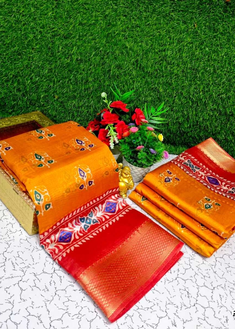 Fancy print office wear cotton sarees all over body  poo pattern design premium look lightweight comfortable wear - ORANGE