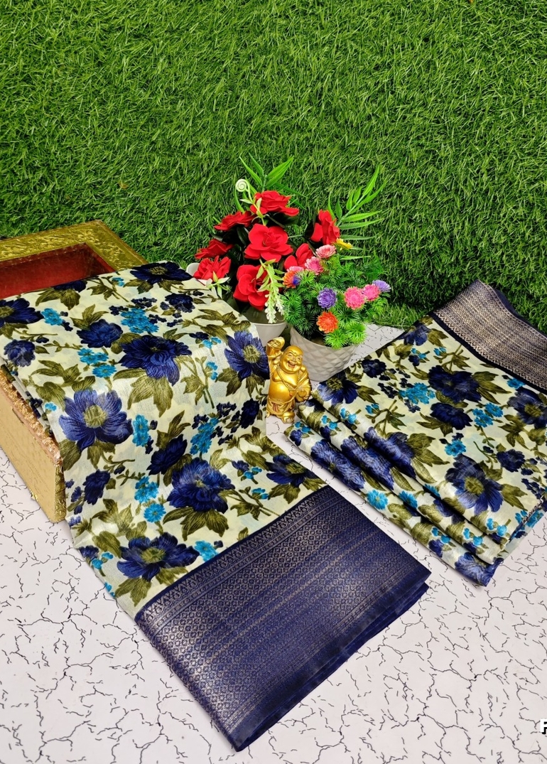 Fancy print office wear cotton sarees all over body  poo pattern design premium look lightweight comfortable wear - NAVY COLOUR