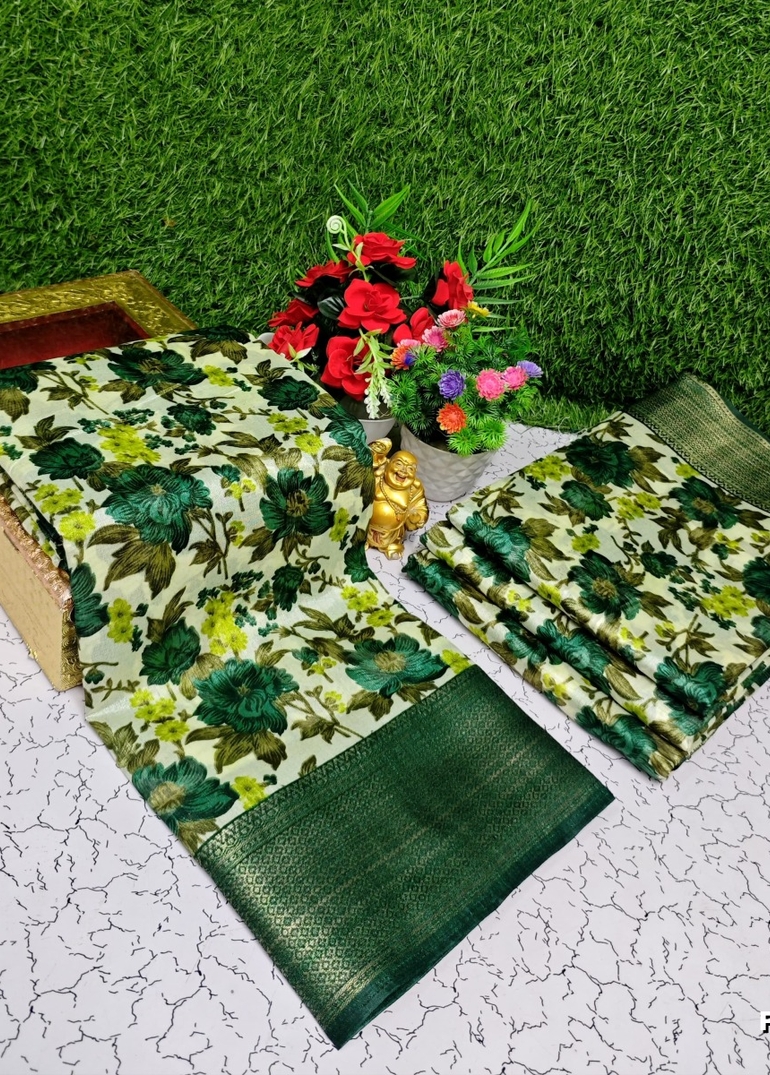 Fancy print office wear cotton sarees all over body  poo pattern design premium look lightweight comfortable wear - GREEN (1)