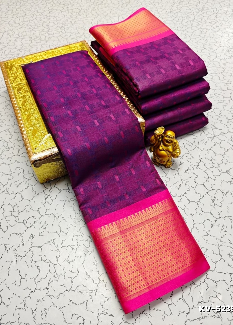 Kayal Premium Soft Silk Saree rich purple color body adorned with subtle checkered motifs and a striking contrast pink color border  - PURPLE COLOUR