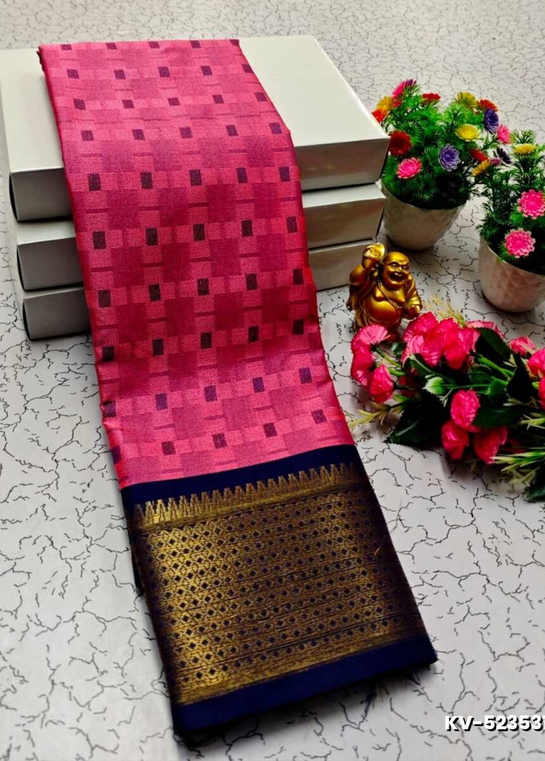 Kayal Premium Soft Silk Saree rich pink color body adorned with subtle checkered motifs and a striking contrast navy blue color border  - DARK PINK
