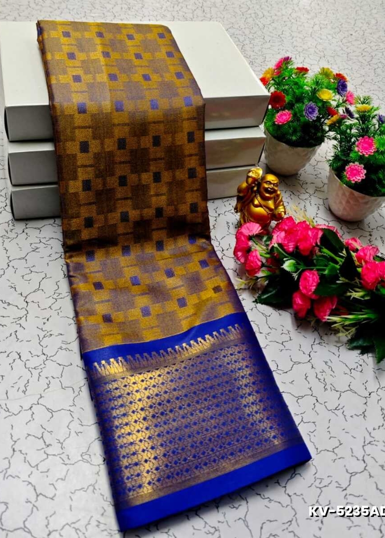 Kayal Premium Soft Silk Saree rich dark gold blue mixed color body adorned with subtle checkered motifs and a striking contrast navy blue border  - DARK GOLD