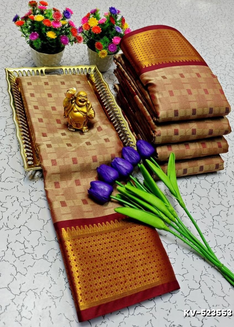 Kayal Premium Soft Silk Saree rich brown merun mixed color body adorned with subtle checkered motifs and a striking contrast merun color border  - BROWN