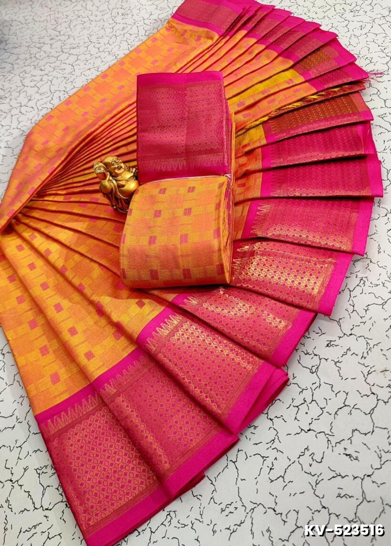 Kayal Premium Soft Silk Saree rich orange with pink mixed color body adorned with subtle checkered motifs and a striking contrast pink color border  - ORANGE