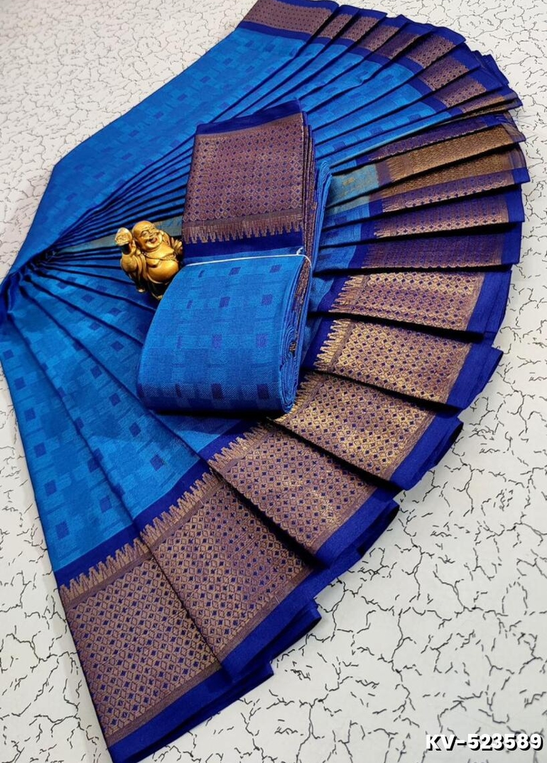 Kayal Premium Soft Silk Saree rich blue body adorned with subtle checkered motifs and a striking contrast navy blue border  - BLUE COLOUR