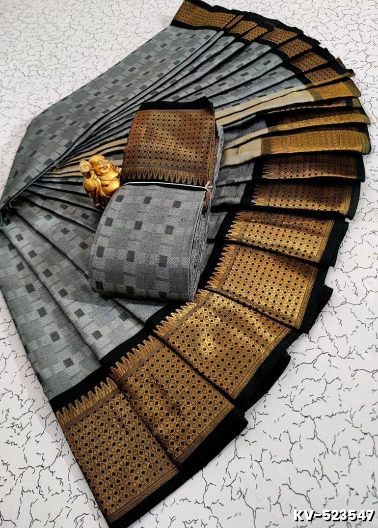 Kayal Premium Soft Silk Saree rich gray with black mixed color body adorned with subtle checkered motifs and a striking contrast black border  - GRAY