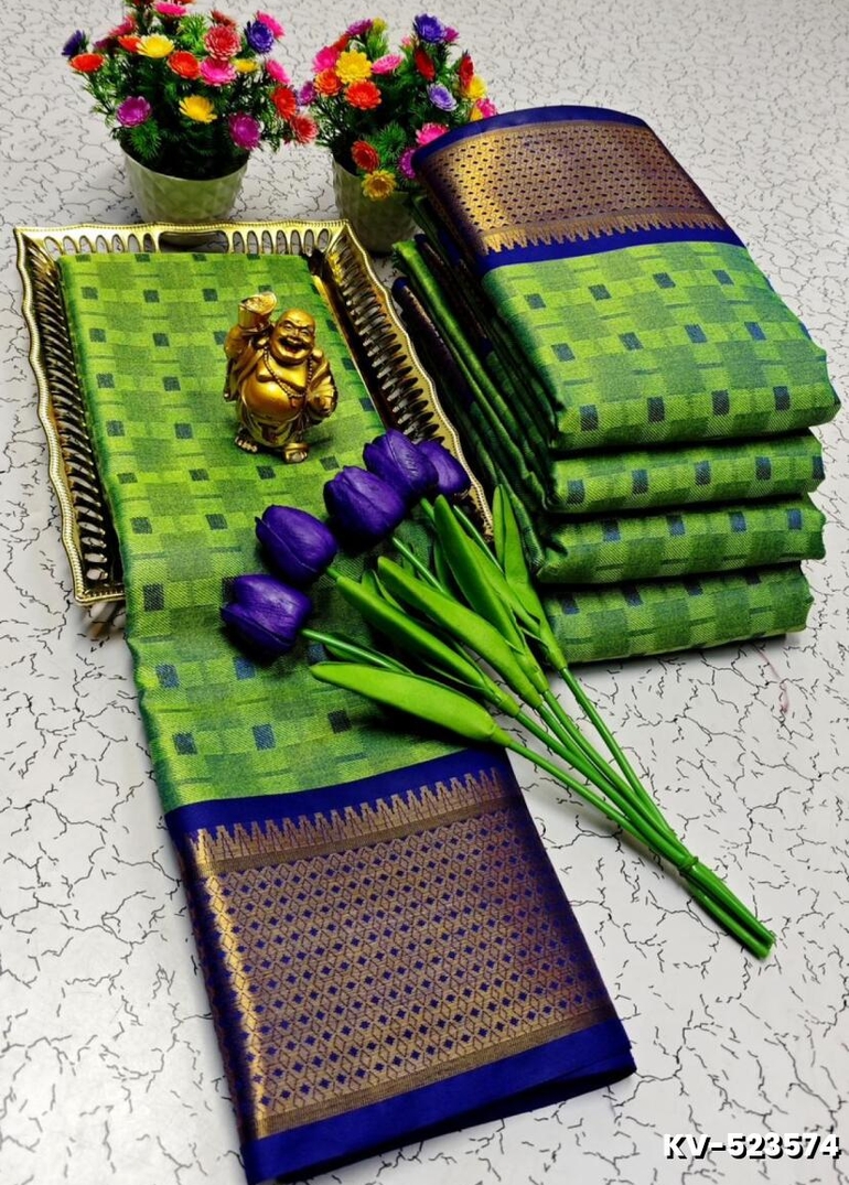 Kayal Premium Soft Silk Saree rich green with navy blue mixed color body adorned with subtle checkered motifs and a striking contrast navy blue border  - EMERALD COLOUR