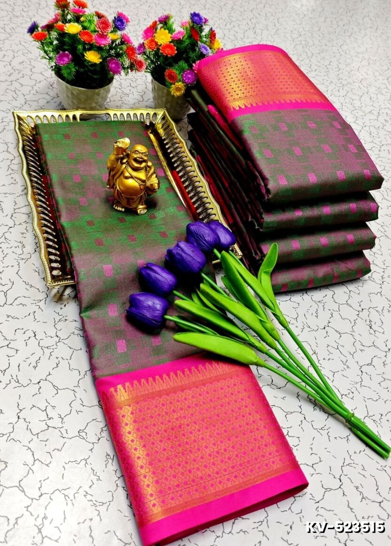Kayal Premium Soft Silk Saree rich green with pink mixed color body adorned with subtle checkered motifs and a striking contrast pink border  - GREEN