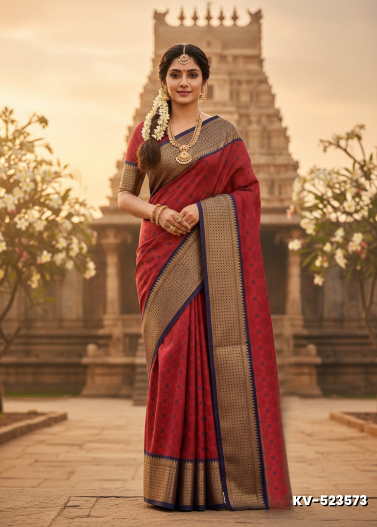 Kayal Premium Soft Silk Saree rich ruby with navy blue color mixed body adorned with subtle checkered motifs and a striking contrast navy blue border - RUBY COLOUR