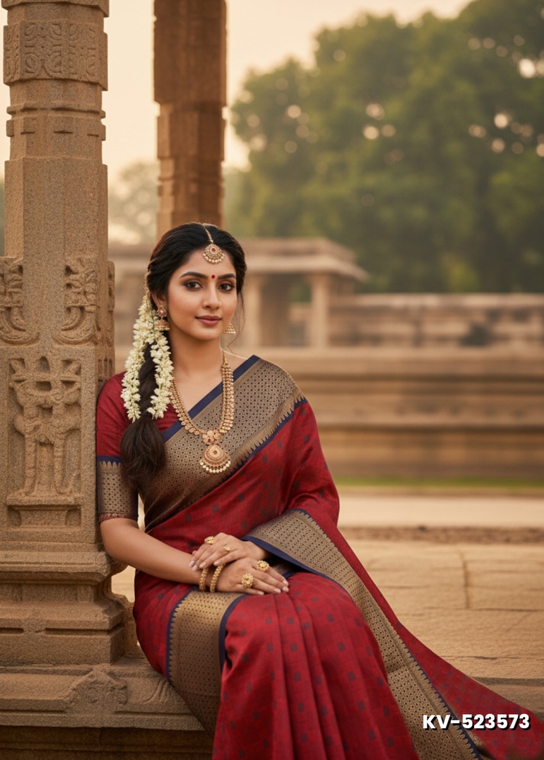 Kayal Premium Soft Silk Saree rich ruby with navy blue color mixed body adorned with subtle checkered motifs and a striking contrast navy blue border - RUBY COLOUR