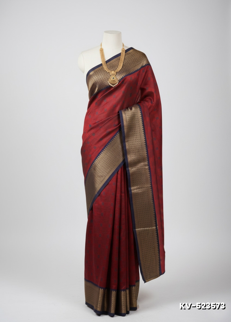 Kayal Premium Soft Silk Saree rich ruby with navy blue color mixed body adorned with subtle checkered motifs and a striking contrast navy blue border - RUBY COLOUR