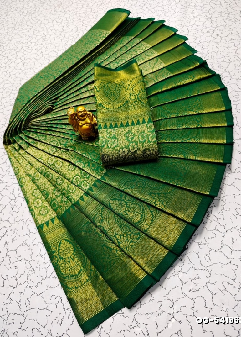 A "one gram gold trending tissue saree" typically refers to a saree made from a lightweight, sheer fabric known as tissue - GREEN COLOUR