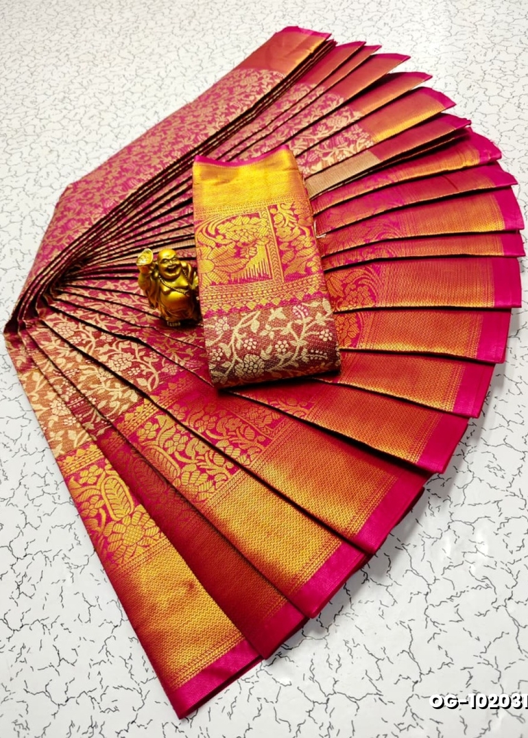 A "one gram gold trending tissue saree" typically refers to a saree made from a lightweight, sheer fabric known as tissue - DARK PINK (4)