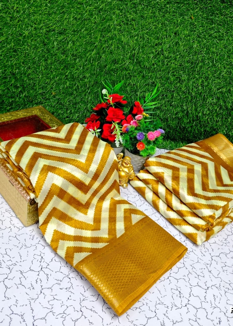 Fancy print office wear cotton sarees all over body zig zag pattern design premium look lightweight comfortable wear - GOLD