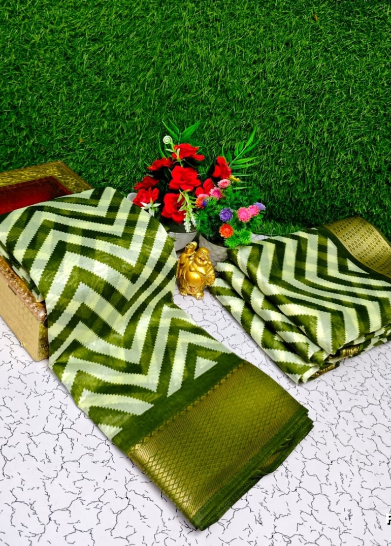 Fancy print office wear cotton sarees all over body zig zag  pattern design premium look lightweight comfortable wear - GREEN COLOUR