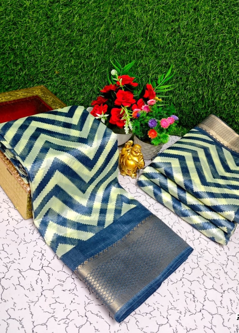Fancy print office wear cotton sarees all over body zig zag  pattern design premium look lightweight comfortable wear - BLUE COLOUR (2)