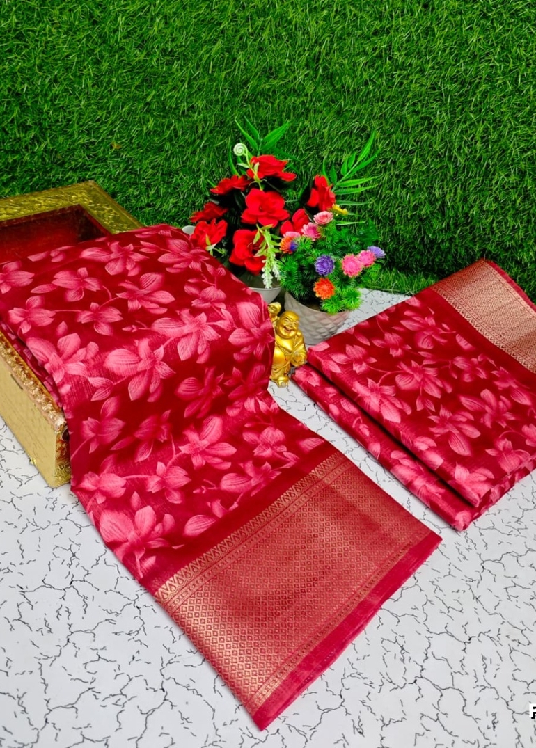 Fancy print office wear cotton sarees all over body flower design  pattern design premium look lightweight comfortable wear - RUBY COLOUR (1)