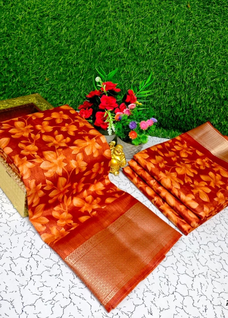 Fancy print office wear cotton sarees all over body flower design pattern design premium look lightweight comfortable wear - ORANGE (3)