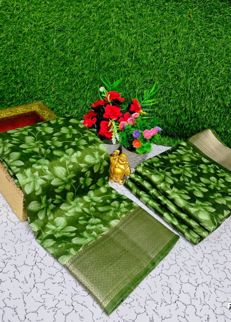 Fancy print office wear cotton sarees all over body flower design pattern design premium look lightweight comfortable wear - DARK GREEN (1)
