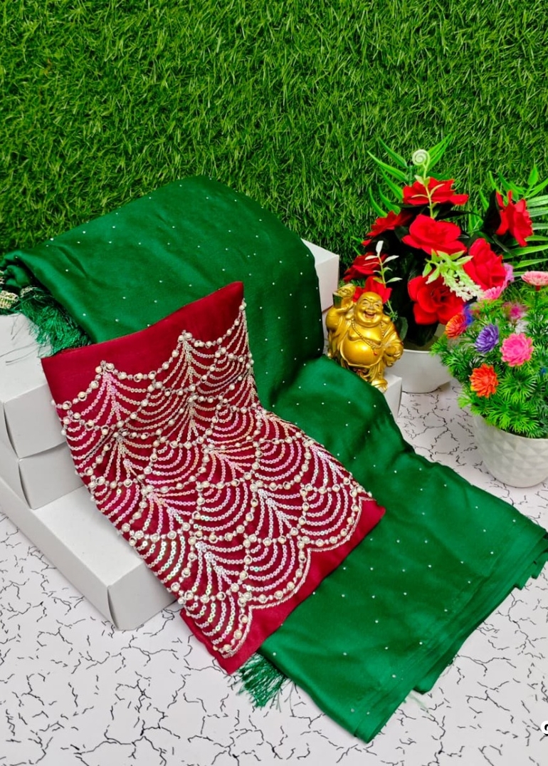 GEORGETTE FANCY SOFT SILK SAREES WITH BLOUSE  PEACOCK DESIGN MODERN FANCY ITEM SAREES - GREEN