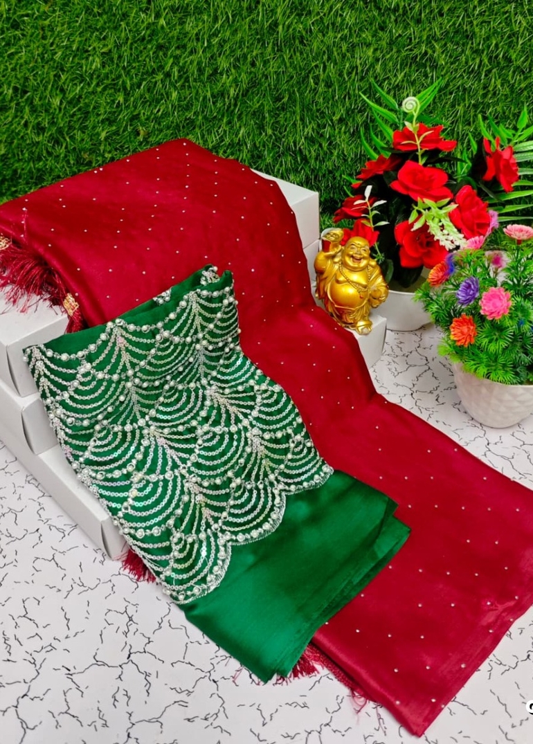 GEORGETTE FANCY SOFT SILK SAREES WITH BLOUSE  PEACOCK DESIGN MODERN FANCY ITEM SAREES - RUBY COLOUR
