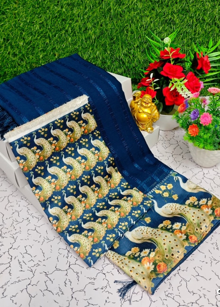 GEORGETTE FANCY SOFT SILK SAREES WITH BLOUSE  PEACOCK DESIGN MODERN FANCY ITEM SAREES - NORMAL  BLUE