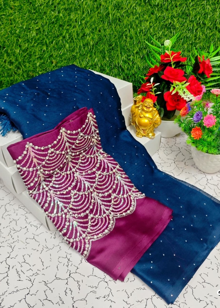 GEORGETTE FANCY SOFT SILK SAREES WITH BLOUSE  PEACOCK DESIGN MODERN FANCY ITEM SAREES - BLUE SHADE