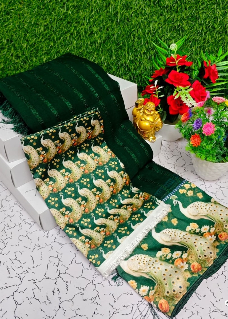 GEORGETTE FANCY SOFT SILK SAREES WITH BLOUSE  PEACOCK DESIGN MODERN FANCY ITEM SAREES - BOTTLE GREEN