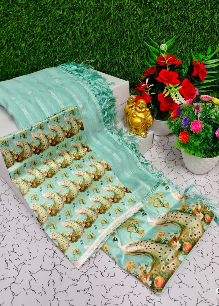 GEORGETTE FANCY SOFT SILK SAREES WITH BLOUSE  PEACOCK DESIGN MODERN FANCY ITEM SAREES - LIGHT SKY BLUE