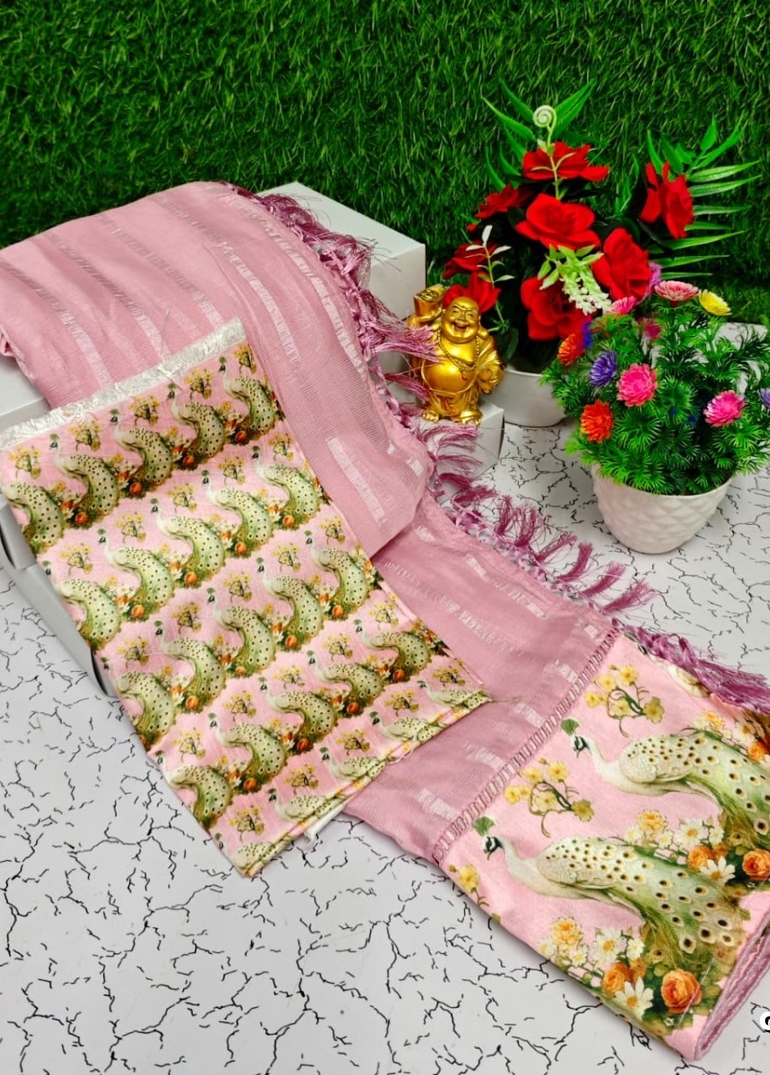 GEORGETTE FANCY SOFT SILK SAREES WITH BLOUSE  PEACOCK DESIGN MODERN FANCY ITEM SAREES - BABY PINK