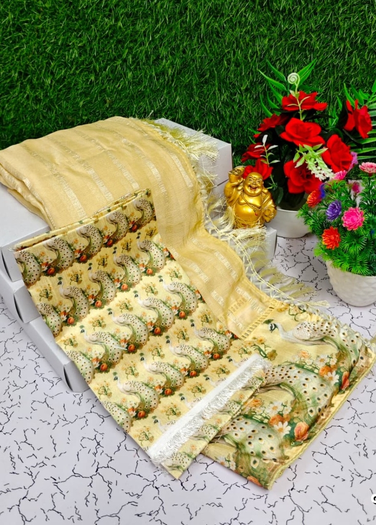 GEORGETTE FANCY SOFT SILK SAREES WITH BLOUSE  PEACOCK DESIGN MODERN FANCY ITEM SAREES - CREAM