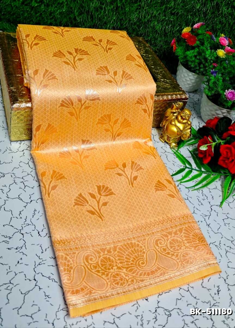 Banaras with our Banarasi Cotton fabric — a beautiful fusion of classic artistry and breathable comfort wear saree - TANGERINE COLOUR