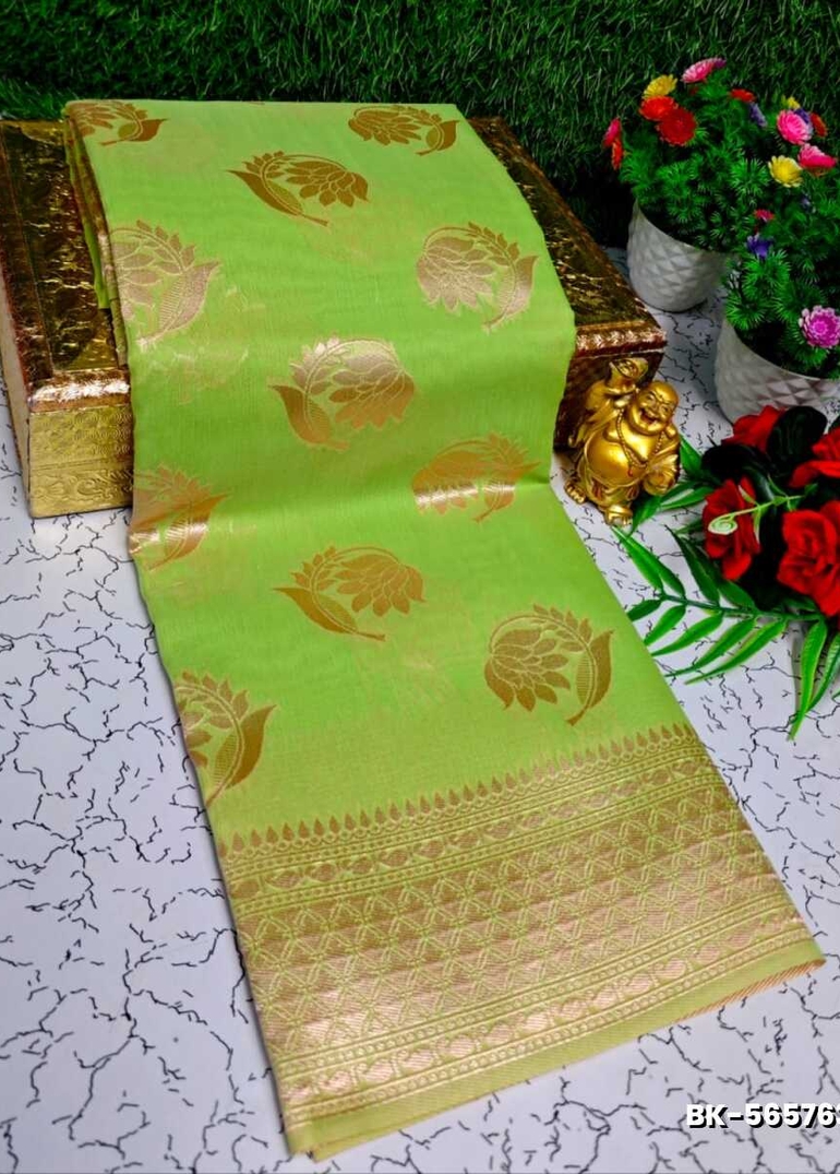 Banaras with our Banarasi Cotton fabric — a beautiful fusion of classic artistry and breathable comfort wear saree - GREEN COLOUR