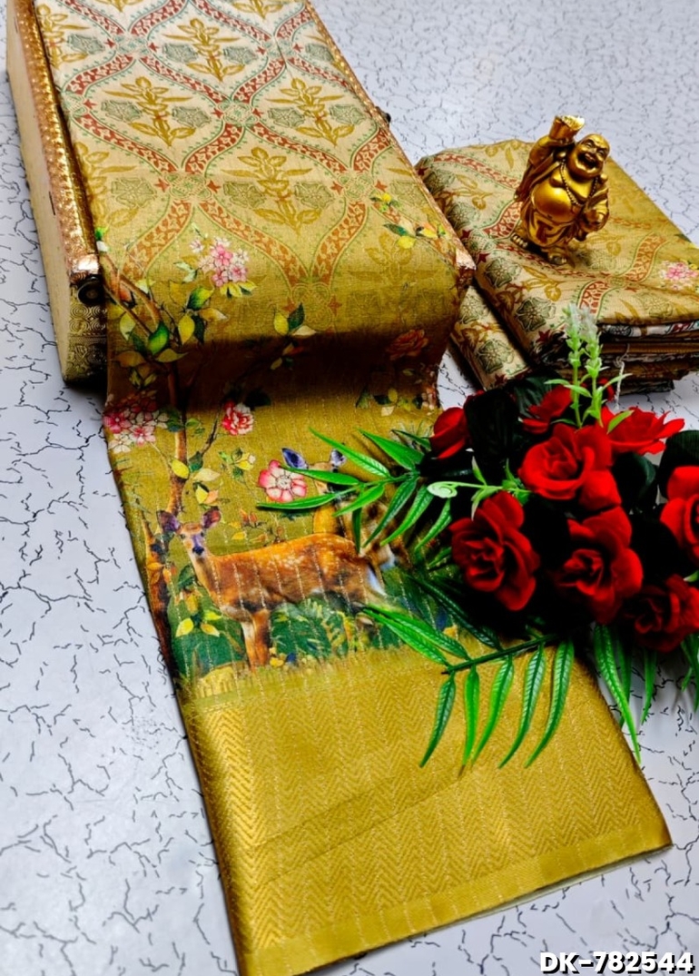 Digital printing dola silk cotton sarees - LIGHT YELLOW (2)