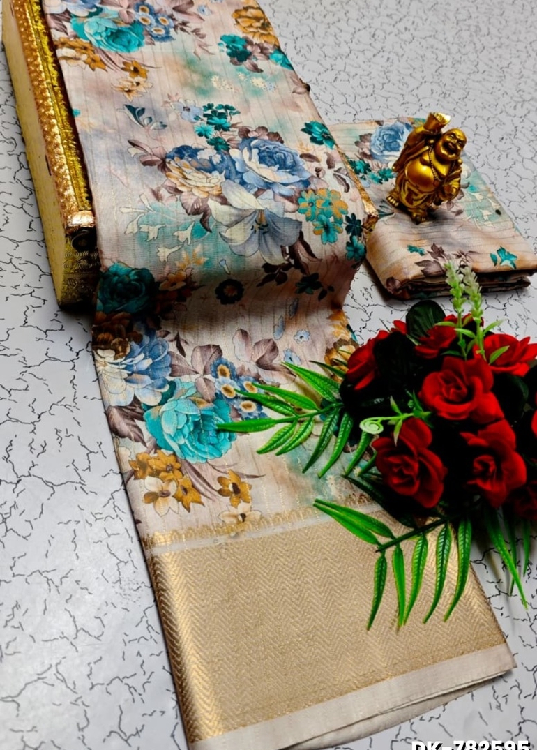 Digital printing dola silk cotton sarees - OFF WHITE