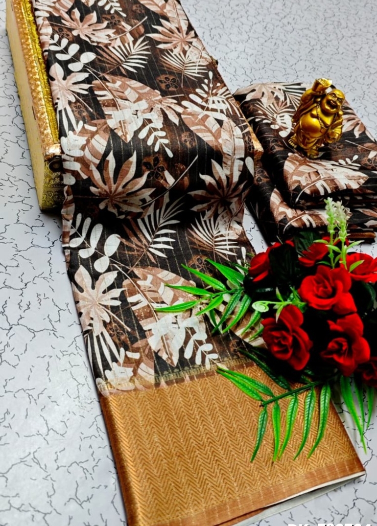 Digital printing dola silk cotton sarees - COFEE COLOR