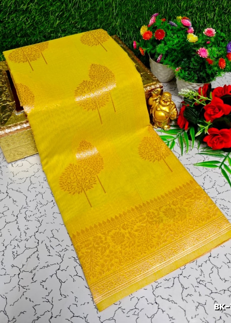 Banaras with our Banarasi Cotton fabric — a beautiful fusion of classic artistry and breathable comfort wear saree - LEMON YELLOW