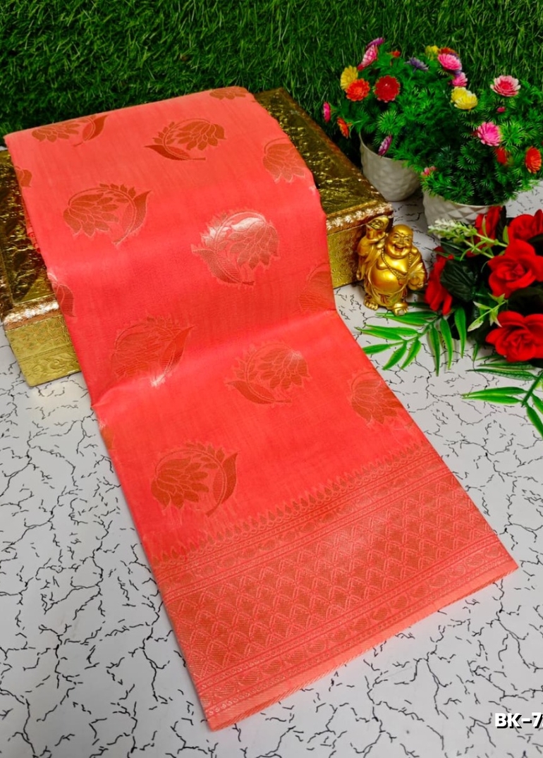 Banaras with our Banarasi Cotton fabric — a beautiful fusion of classic artistry and breathable comfort wear saree - CORAL COLOUR (1)