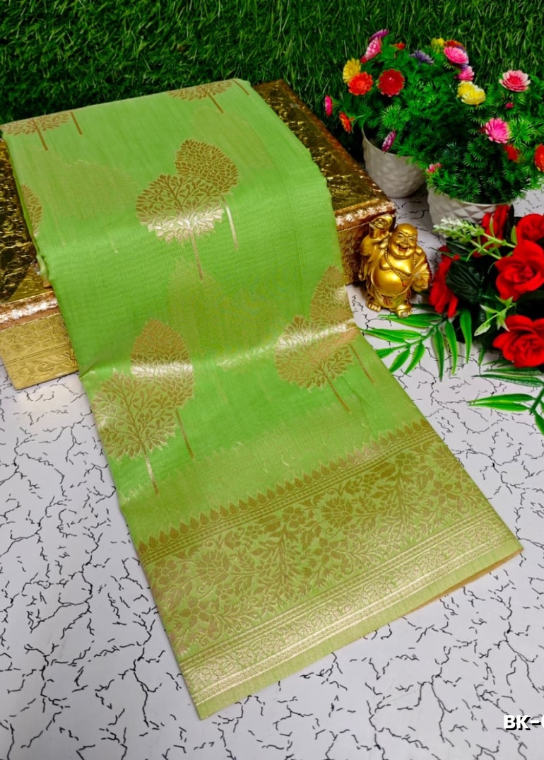 Banaras with our banarasi cotton fabric — a beautiful fusion of classic artistry and breathable comfort wear saree - FLORAISON GREEN (1)