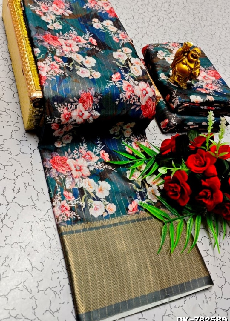 Digital printing dola silk cotton sarees - BLUE COLOUR (1)