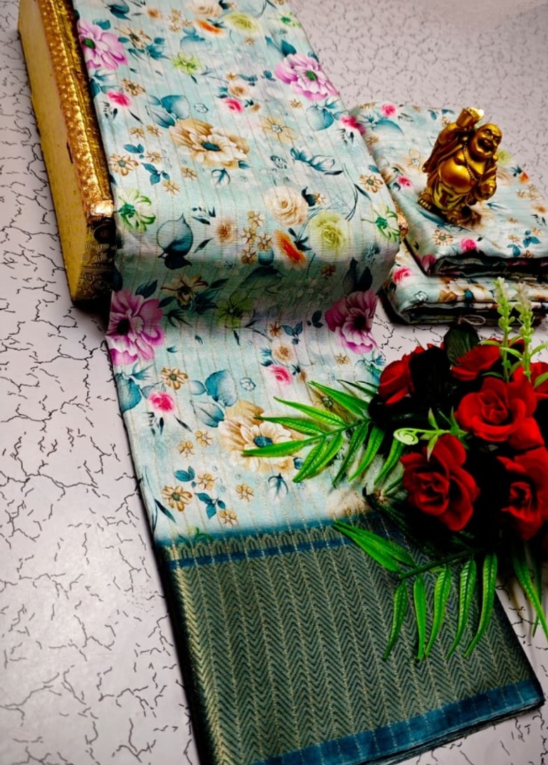 Elegant Floral Dola Silk Saree with Zari Border - LIGHT SKY BLUE