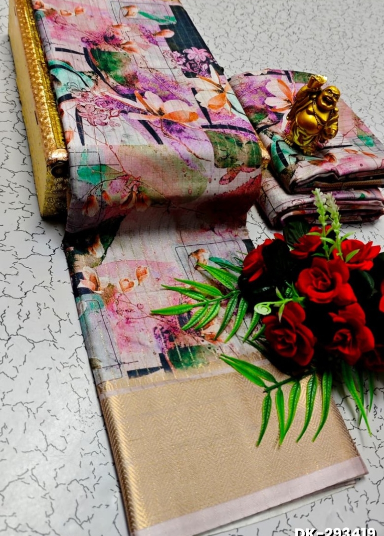 Elegant Floral Dola Silk Saree with Zari Border - LEVENDOR