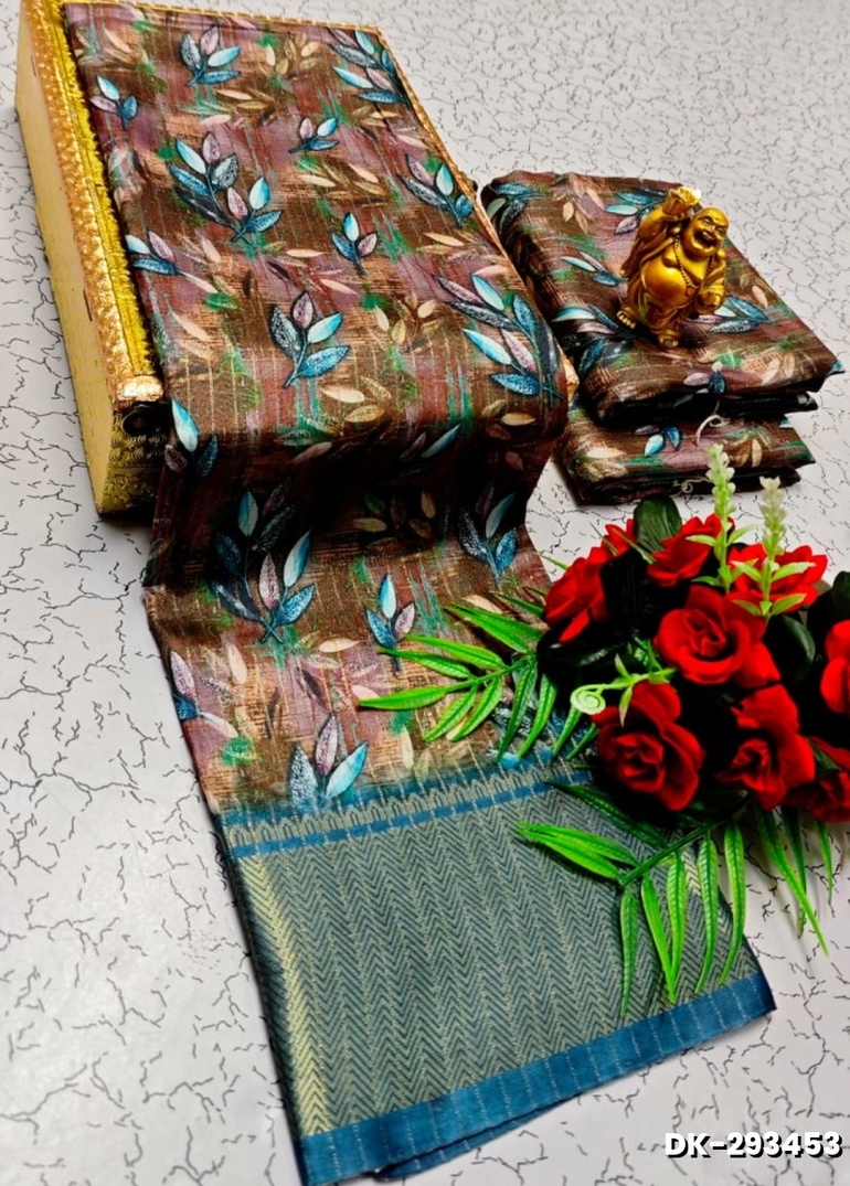 Elegant Floral Dola Silk Saree with Zari Border - BROWN (1)